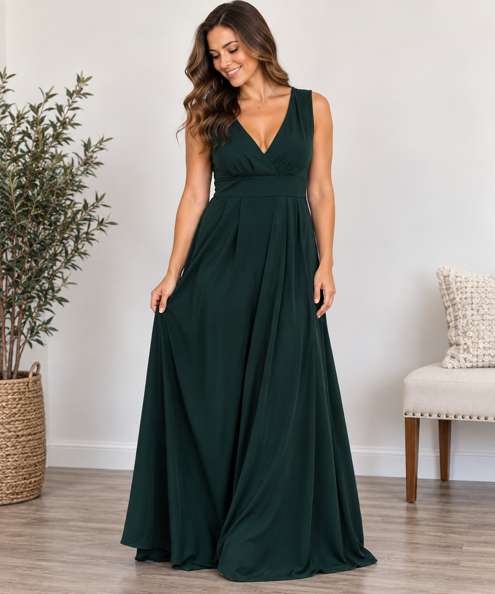 SHEIN Women's 2XL Deep Forest Green Maxi Dress V-Neck Open Back Bow Formal